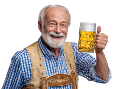 Happy Senior with Beer Stein: A jovial senior gentleman, sporting a traditional vest, smiles broadly while holding up a large beer stein, giving a thumbs-up. - Powered by Adobe