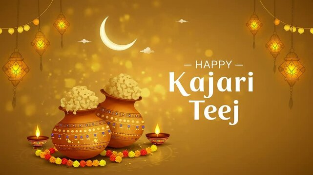 Kajari Teej Animation with Golden Pots and Crescent Moon &ndash; Traditional MP4 for Hindu Women&rsquo;s Festival, Ideal for Sharing Celebration Rituals, Wishes, and Fasting Content