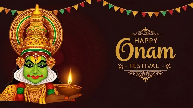 Happy Onam Festival Animation with Kerala Lamp and Traditional Decoration &ndash; Elegant Indian Cultural Celebration MP4 for Festival Greetings, Wishes, and Story Highlights