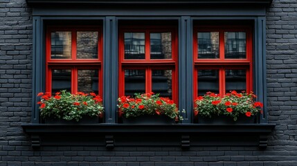 Three Red Windows with Flower Boxes on Dark Brick Wall