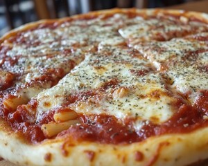 A delicious pizza topped with pasta, mozzarella cheese, and tomato sauce.