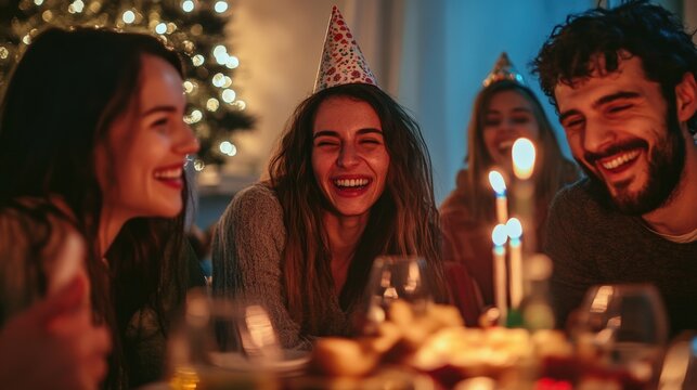Smiling friends celebrating a birthday with cake candles and lights