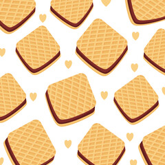 Seamless Pattern of Cartoon Chocolate Cream Sandwich Cookies with Heart Accents, Perfect for Food Packaging, Kids Design, Greeting Cards, and Sweet-Themed Decoration