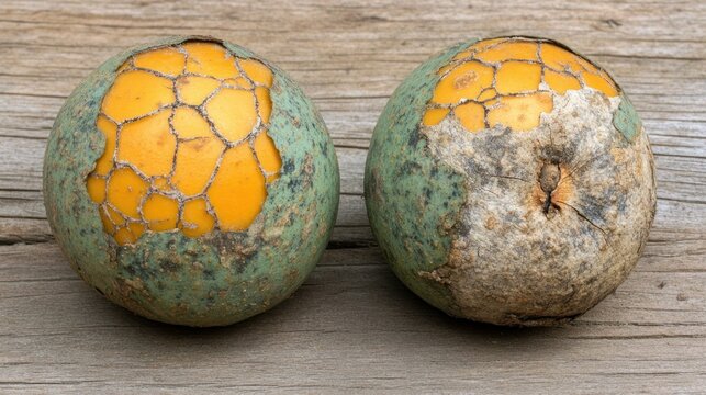 Two Mature Monk Fruit On Wooden Surface
