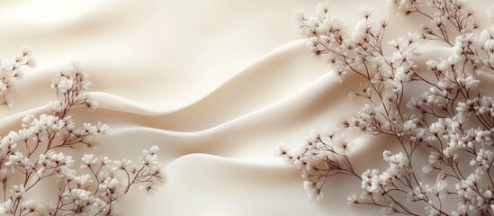 Delicate dried flowers on a soft cream silk background.