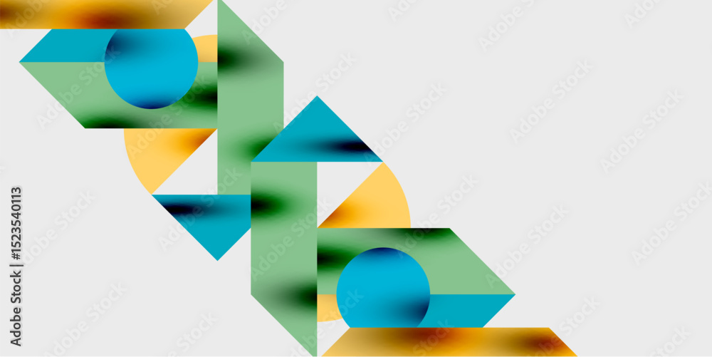 Poster abstract geometric shapes overlap, creating vibrant color gradients. composition features blues, gre