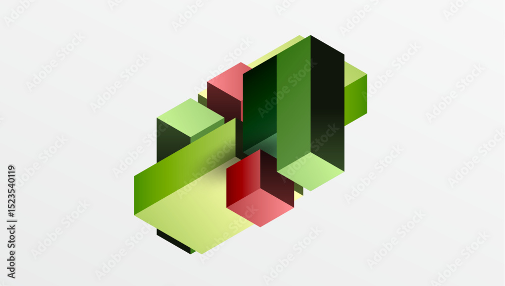 Poster Abstract geometric shapes overlap, creating layered visual effect. Green, red hues dominate composition. Minimalist design, clean lines present.