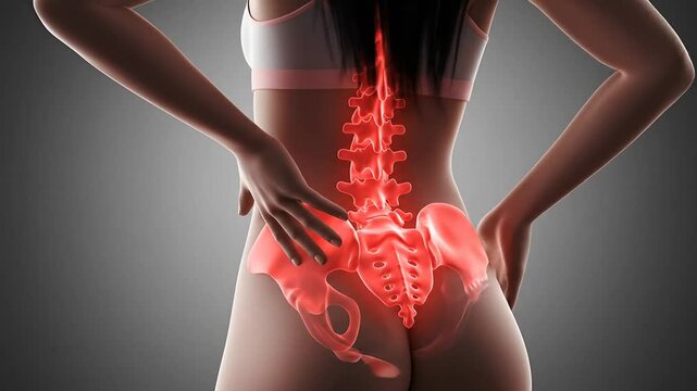 Woman back pain illustration showing spine and hip bones