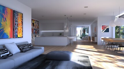 A spacious modern open-plan living area with art, kitchen and dining.