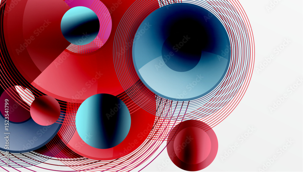 Aufkleber abstract composition featuring overlapping circles, lines. red, blue hues dominate design, creating 