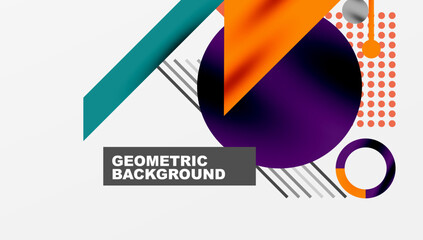 Abstract geometric design. Shapes overlap, creating dynamic composition. Colors include purple, orange, teal, gray. Modern aesthetic.