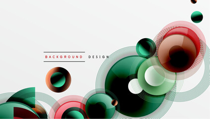 Obraz premium Abstract geometric shapes, circles, lines create modern design. Colors include red, green, dark shades. Minimalist style.