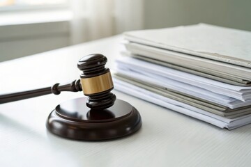 Gavel on a Table Next to Stacked Tax Compliance Documents in a Professional Setting