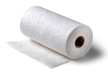 Fototapeta premium High-Resolution Image of a Roll of Embossed White Paper Towels on White Background: Clean, Soft, and Absorbent Kitchen Paper Towels for Cleaning and Drying