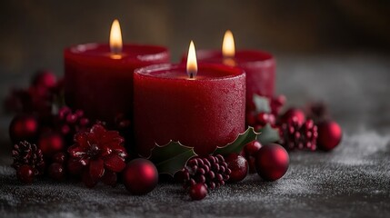 Festive Red Candles with Holiday Decorations