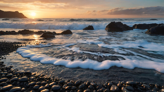 Serene sunset ocean waves crashing on rocky shore