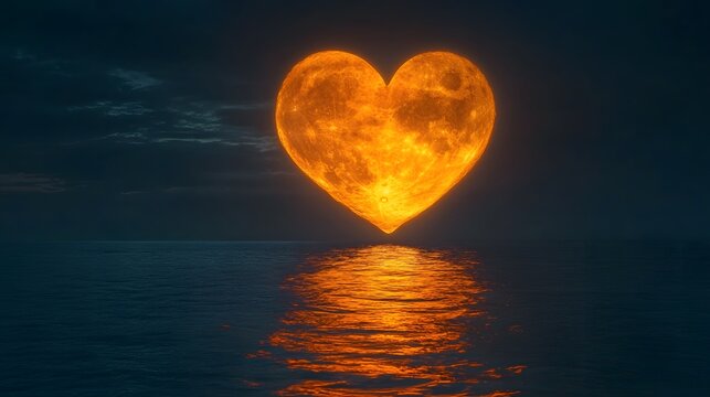 A heart shaped moon glowing in the night sky with a calm sea reflecting the light below