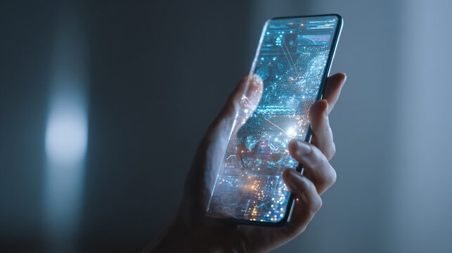 A person holds a transparent smartphone displaying futuristic digital data and visual analytics. - Powered by Adobe