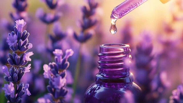A bottle of lavender oil is being poured into a bottle. The bottle is purple and the oil is clear