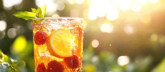 Refreshing iced tea drink garnished with raspberries and lemon.