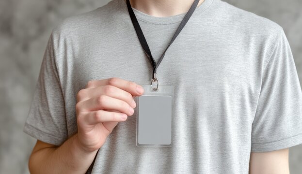 Person Holding Blank ID Badge