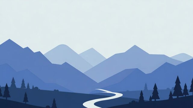 Blue Mountain Range with River and Pine Trees in Pixel Art Landscape Style
