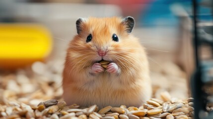 A fluffy hamster happily munching on seeds in its cage.