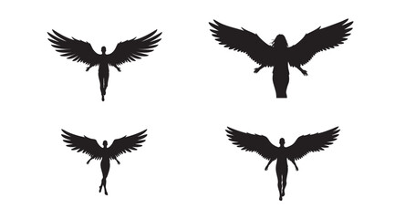 Obraz premium Four silhouetted figures with large wings ascend, isolated on white background vector file