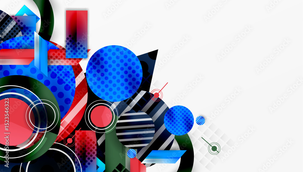 Poster abstract geometric design. circles, squares, rectangles overlap creating vibrant composition. red, b