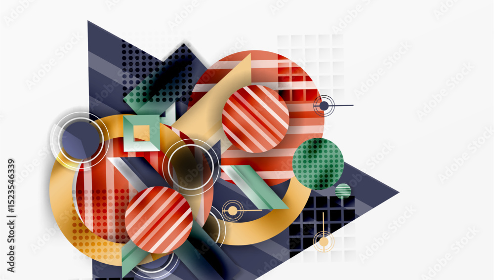 Poster abstract geometric composition. circles, squares, lines create dynamic visual experience. warm, cool