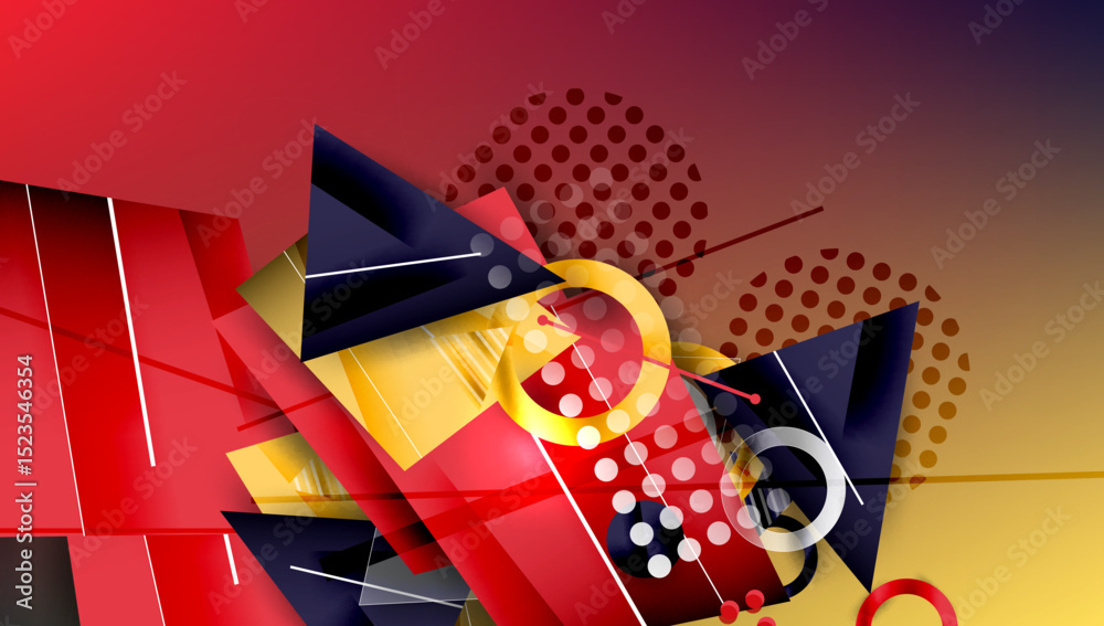 Aufkleber Abstract geometric composition. Red, yellow, navy dominate. Shapes overlap, creating dynamic visual effect. Gradient background adds depth.