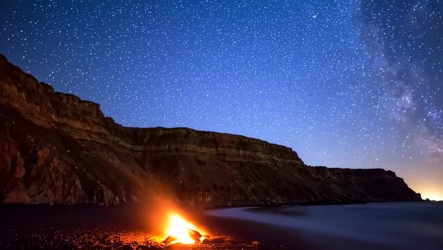 Remote beach campfire glowing beneath vast starry night sky with Milky Way visible above rugged coastal cliffs and calm sea shoreline. Adventure concept
