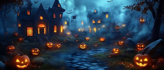 Halloween pumpkins, haunted house, 3D.