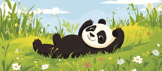 A happy panda rests in a grassy field full of flowers.