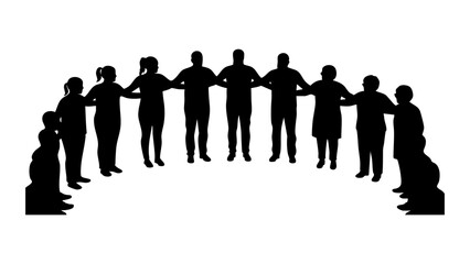 A circle of diverse figures stands handinhand, isolated on white background, creating a powerful image of unity and togetherness