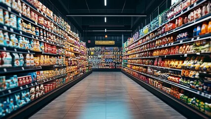 Grocery store aisle filled with colorful food products and supermarket shelves