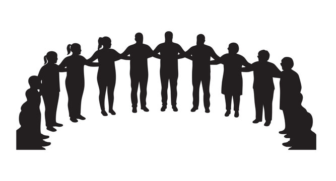 A circle of silhouetted figures, hands linked in unity, isolated on transparent background vector file