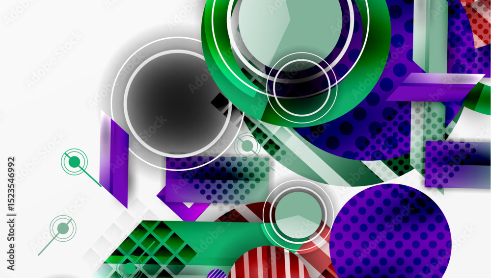 Poster abstract geometric design. circles, squares, lines create dynamic composition. vibrant colors, gradi