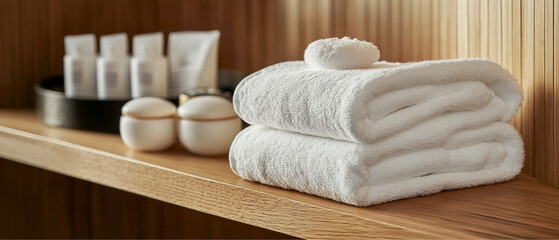 A plush, soft white towel neatly folded on a wooden shelf, surrounded by calming spa essentials, radiating a sense of comfort and luxury

