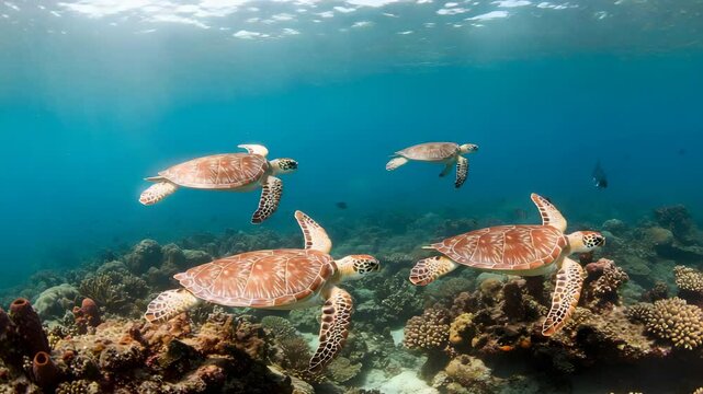 Four Sea Turtles Swimming Over a Vibrant Coral Reef in Clear Blue Waterscape