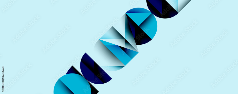 Poster abstract geometric shapes form diagonal text. blue hues dominate light background. modern design sug