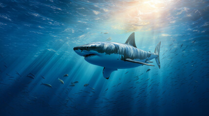 Obraz premium Great white shark swimming gracefully through deep blue ocean water under sunlight beams. 