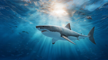Fototapeta premium Great white shark swimming gracefully through deep blue ocean water under sunlight beams. 