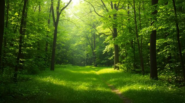 Lush Green Forest Path with Sunlight Streaming Through Dense Trees Creating a Bright Serene Atmosphere for Adobe Stock