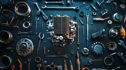 Fototapeta premium A collection of tools and parts, including a car engine