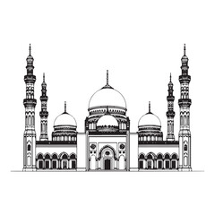 Fototapeta premium Black and white hand drawn mosque with multiple domes and minarets