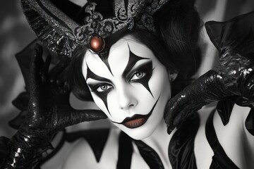 Dramatic black and white face paint portrait with ornate headdress and gloves