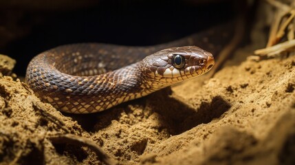 Obraz premium A brown snake coiled on sandy ground looking intently forward