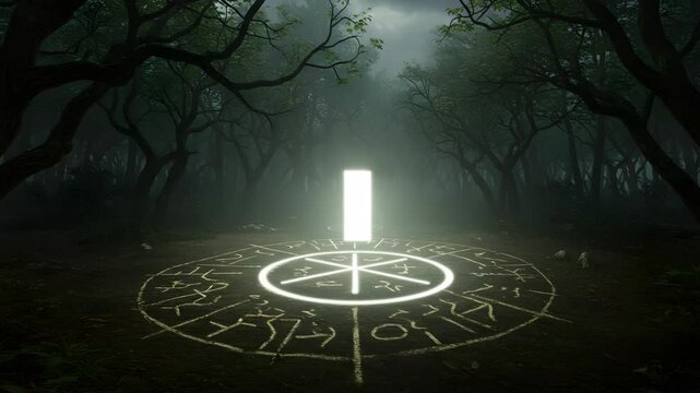 Mystical Glowing Circle Ritual In Dark Forest With Fog And Trees In Spooky Environment