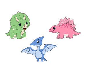 Adorable cartoon dinosaur set featuring a green Triceratops, pink Stegosaurus, and blue Pterodactyl. Each dinosaur is illustrated in a fun, child-friendly style, perfect for educational materials,